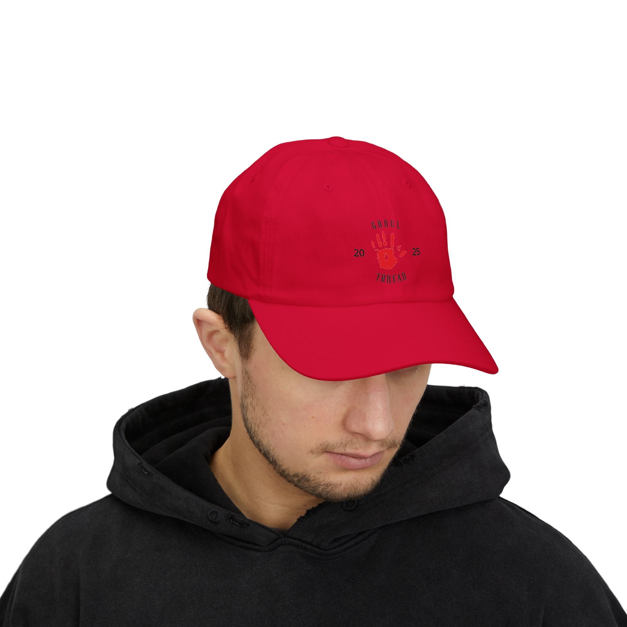 Ghoul Friend Embroidered Dad Cap — Red Handprint Baseball Hat