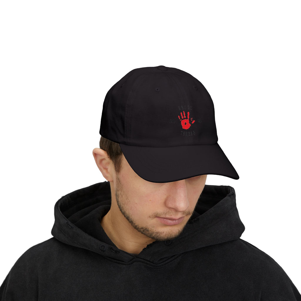 Ghoul Friend Embroidered Dad Cap — Red Handprint Baseball Hat