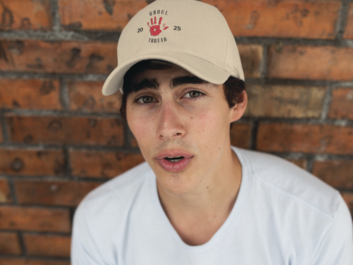 Ghoul Friend Embroidered Dad Cap — Red Handprint Baseball Hat