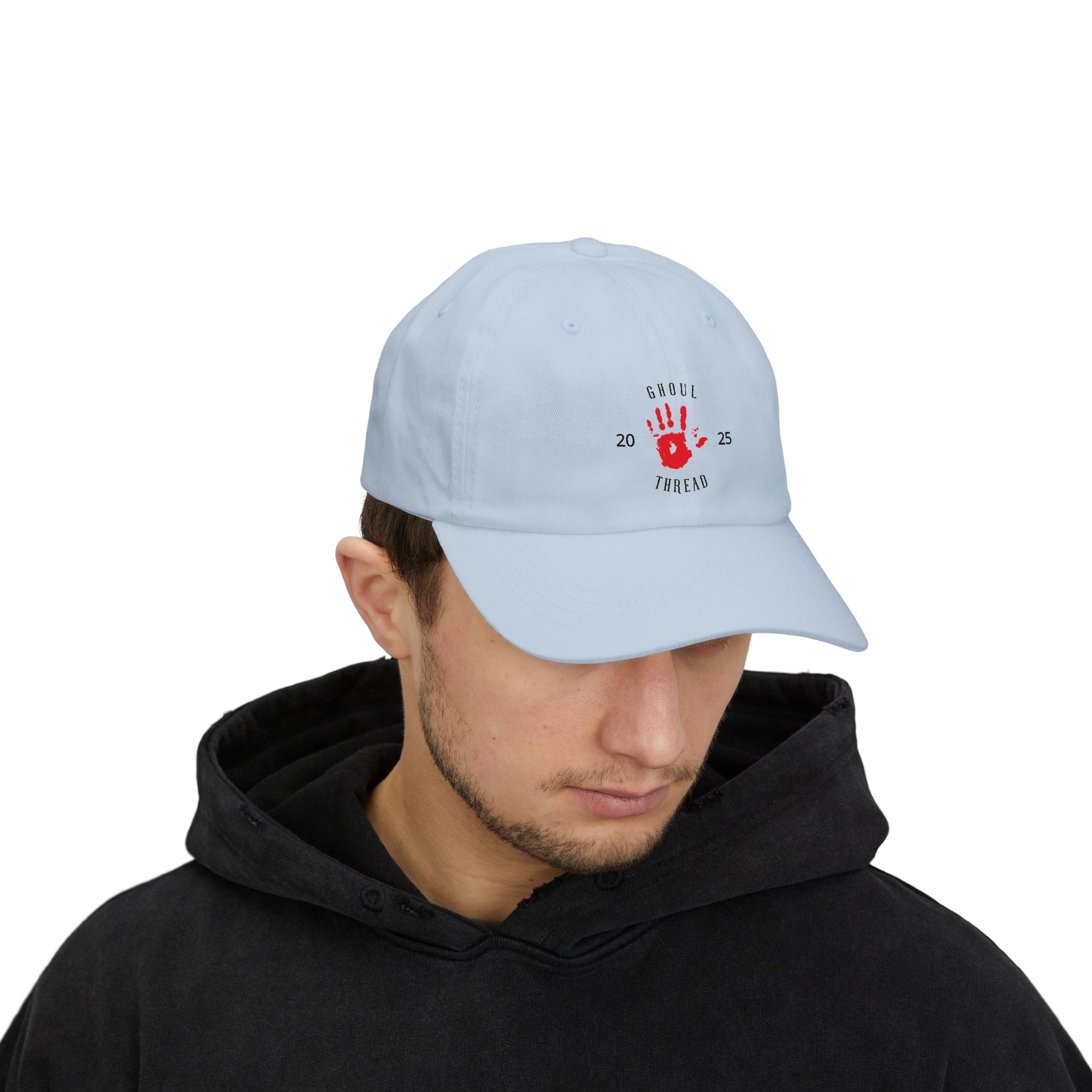 Ghoul Friend Embroidered Dad Cap — Red Handprint Baseball Hat