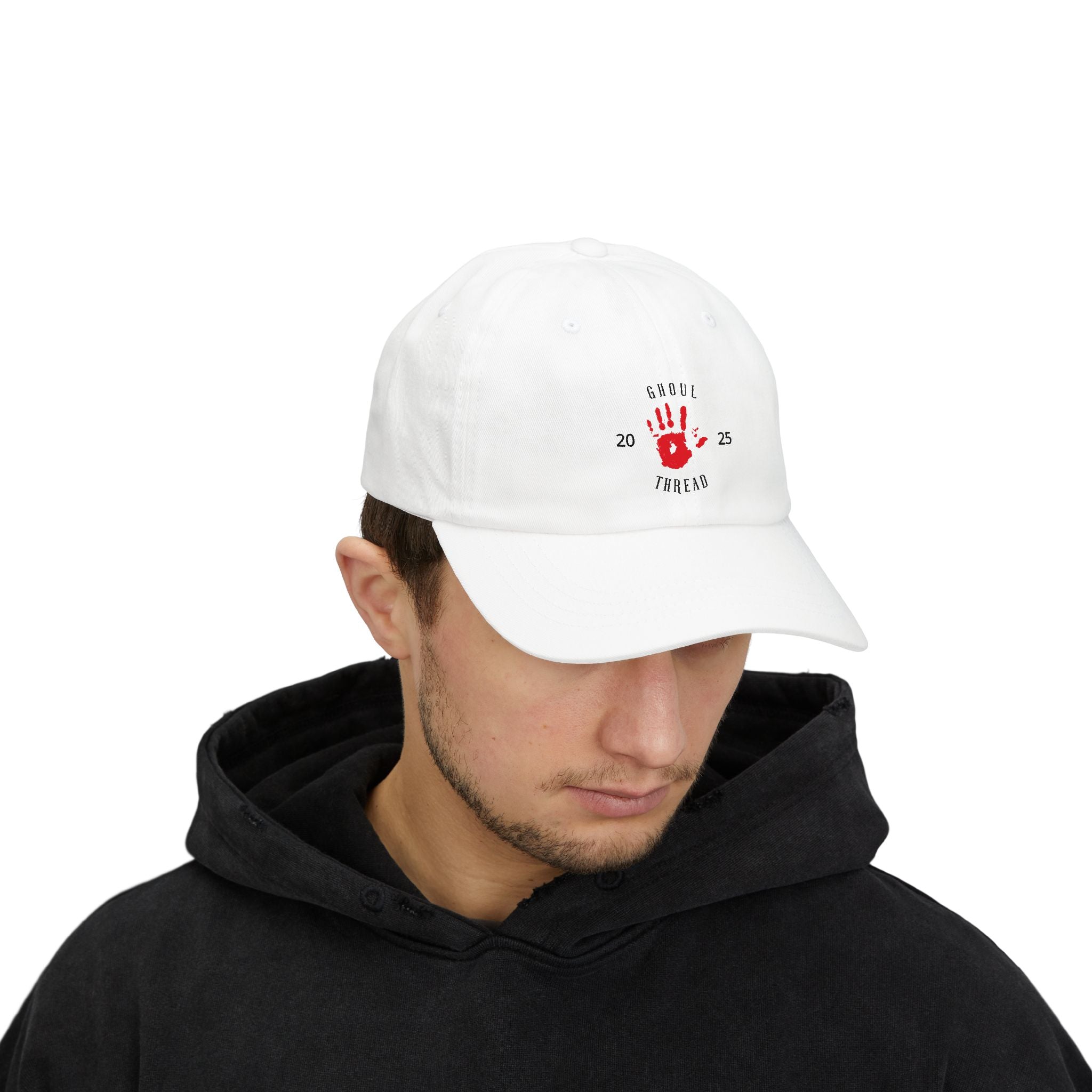 Ghoul Friend Embroidered Dad Cap — Red Handprint Baseball Hat