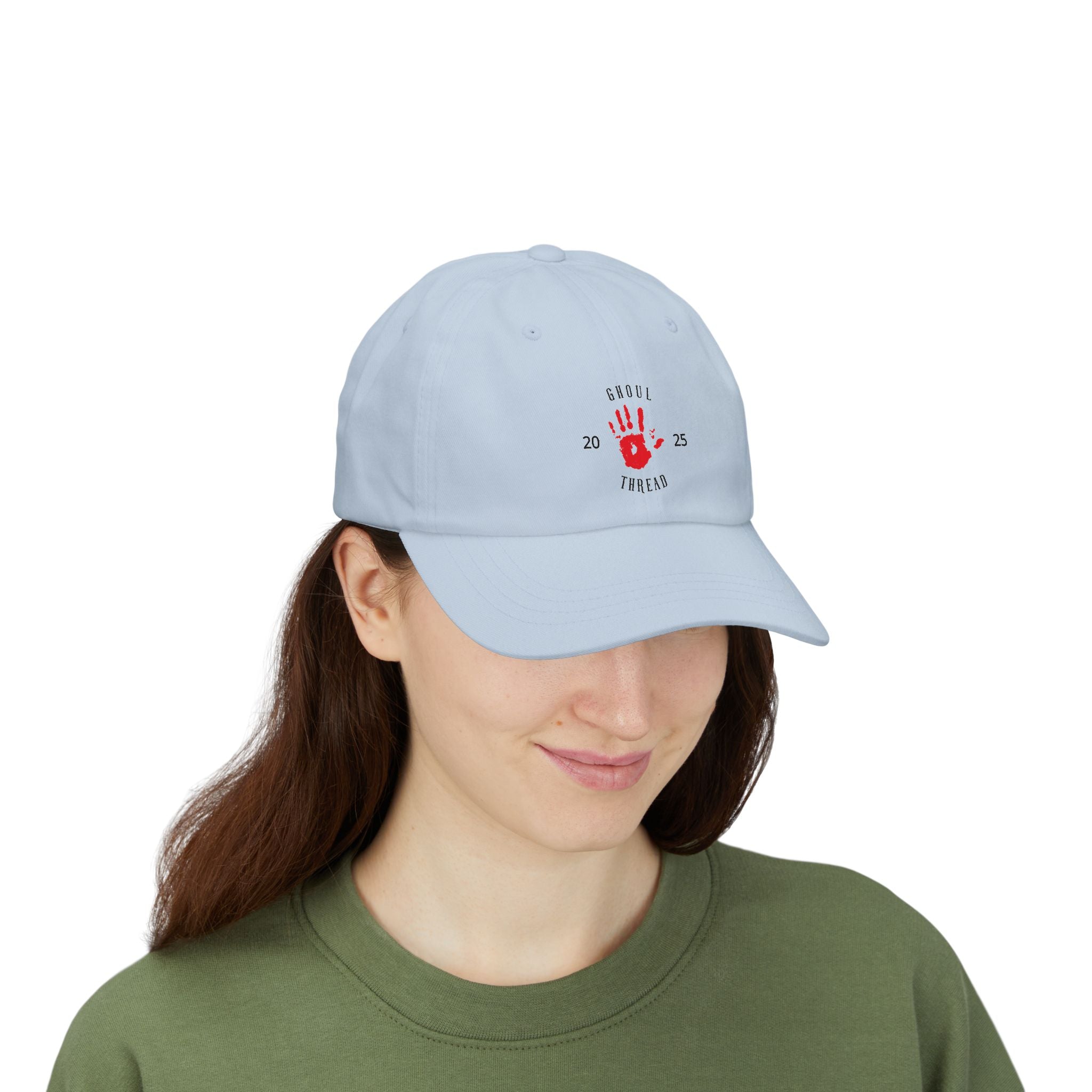 Ghoul Friend Embroidered Dad Cap — Red Handprint Baseball Hat