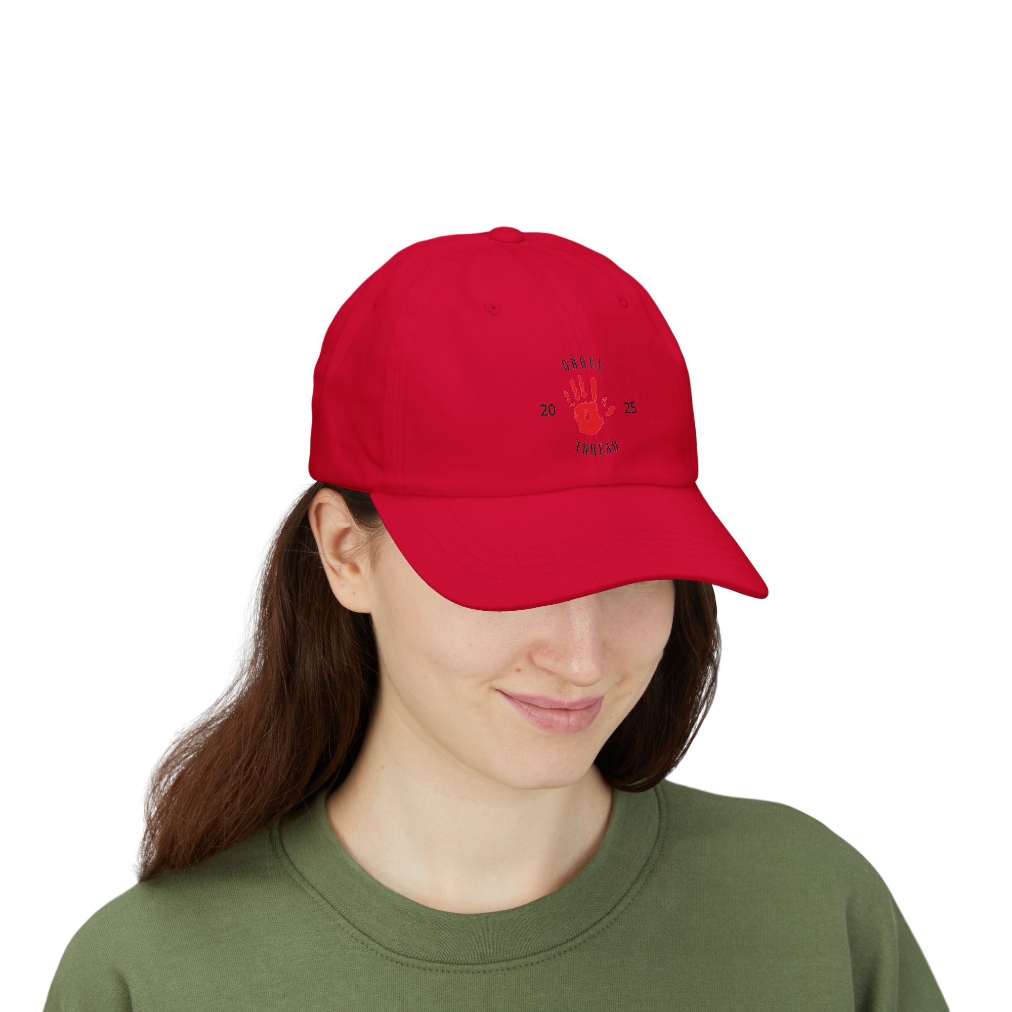 Ghoul Friend Embroidered Dad Cap — Red Handprint Baseball Hat